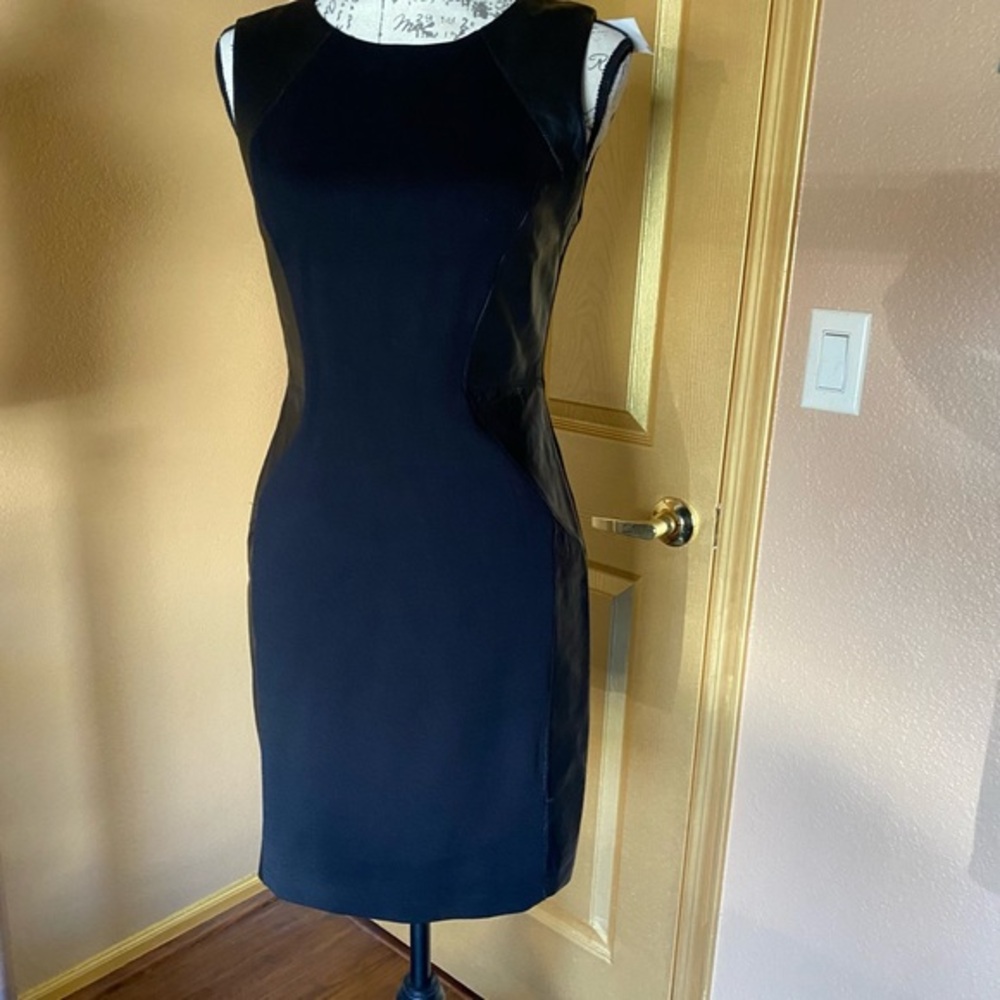 Bailey 44 crepe & leather dress -leather silhouette shaping panels. NWT